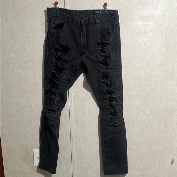 Black Skinny Distressed Jeans with Tapered Legs - Picture 1 of 3
